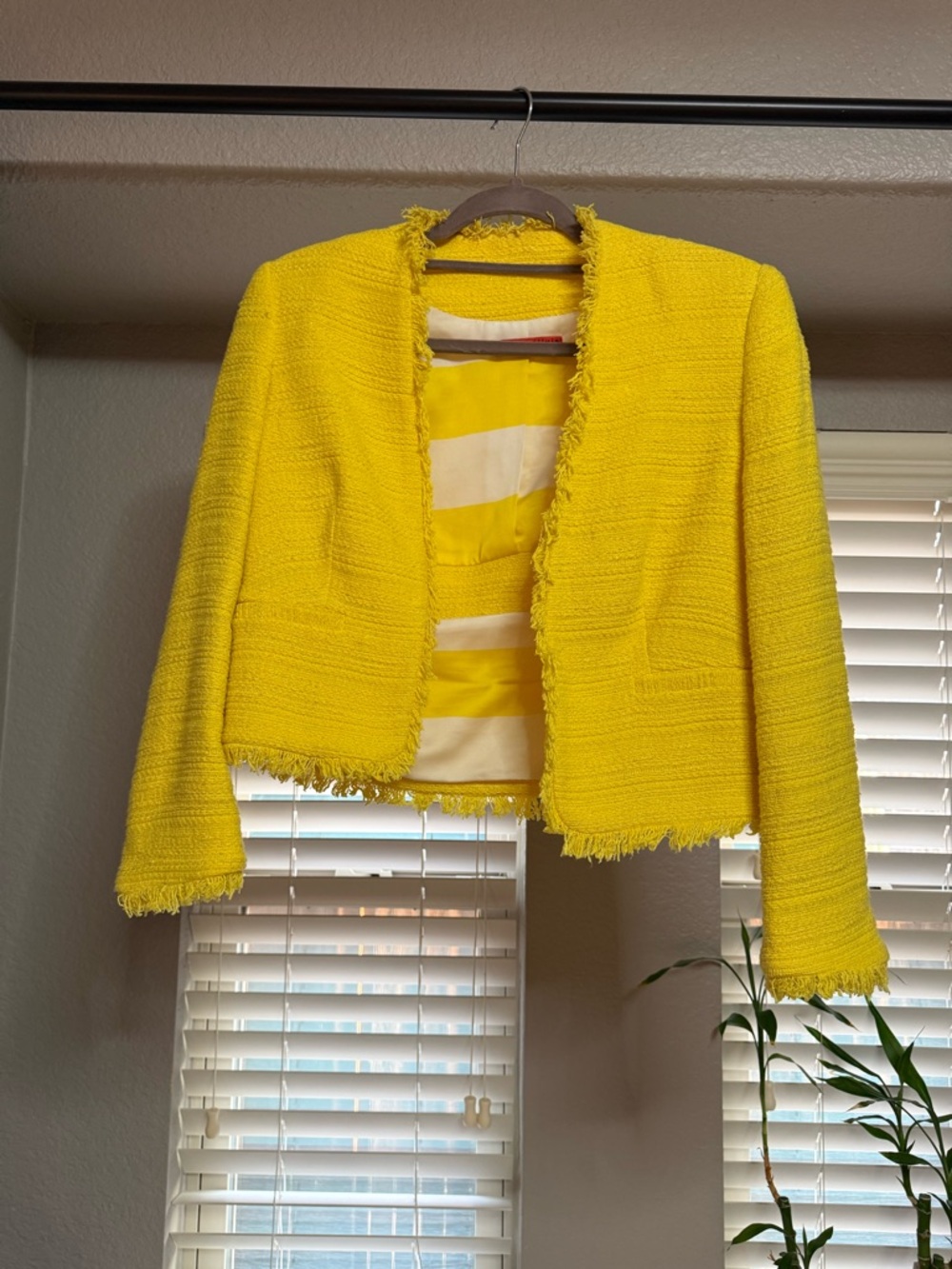 Alice + Olivia Bright Yellow Fringed Cropped Blazer
